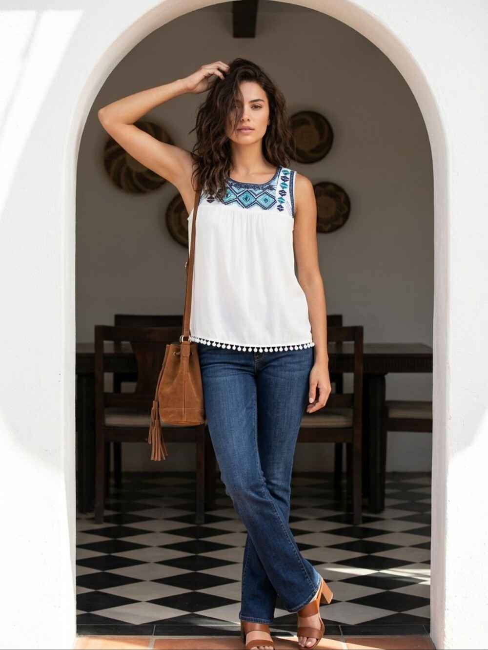 Westport sleevless embroidered top with pom pom hem. Size MP